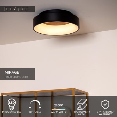 Lucide MIRAGE - Flush ceiling light - Ø 38 cm - LED Dim. - 1x22W 2700K - Black